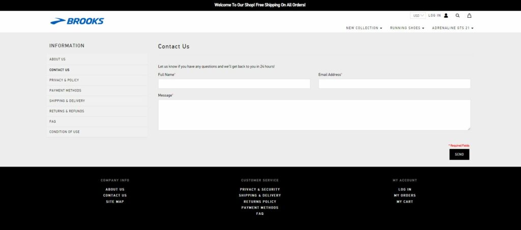 The contact page and footer section of the suspicious domain