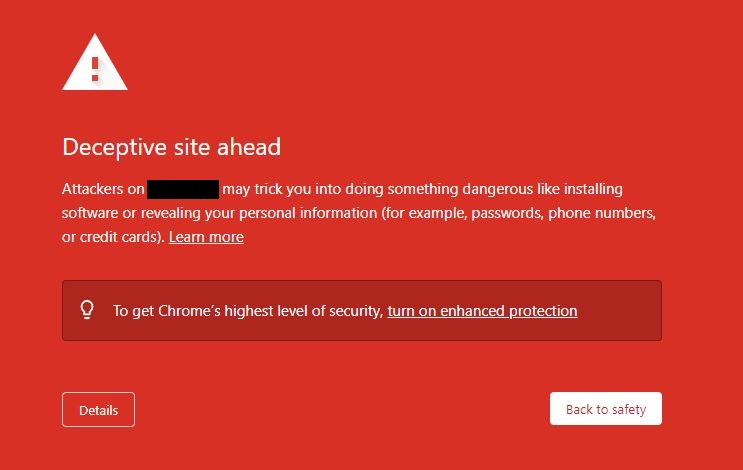 The warning displayed to Chrome users visiting Domain 2