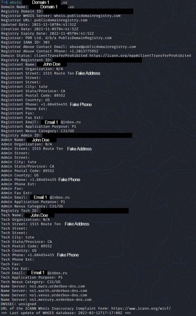 Whois record for suspicious domain