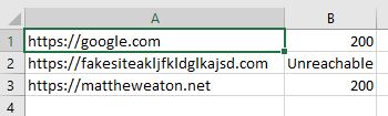 Three example domains in a CSV file with status codes in column B