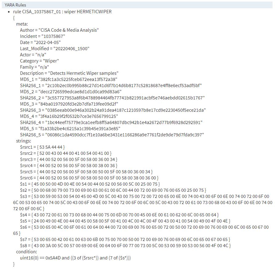 CISA's YARA rule for HermeticWiper