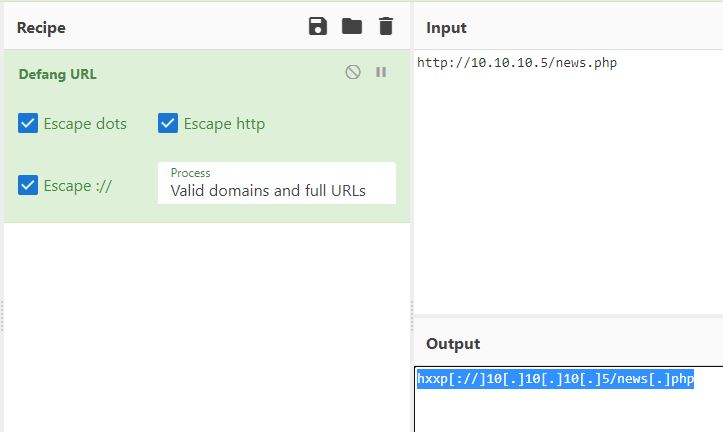 Defanging the URL in CyberChef